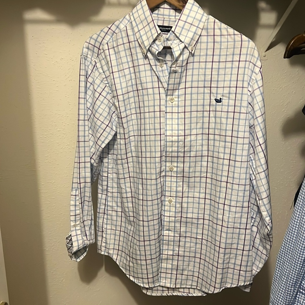 Southern Marsh Men's White, Purple, and Blue Checkered Shirt